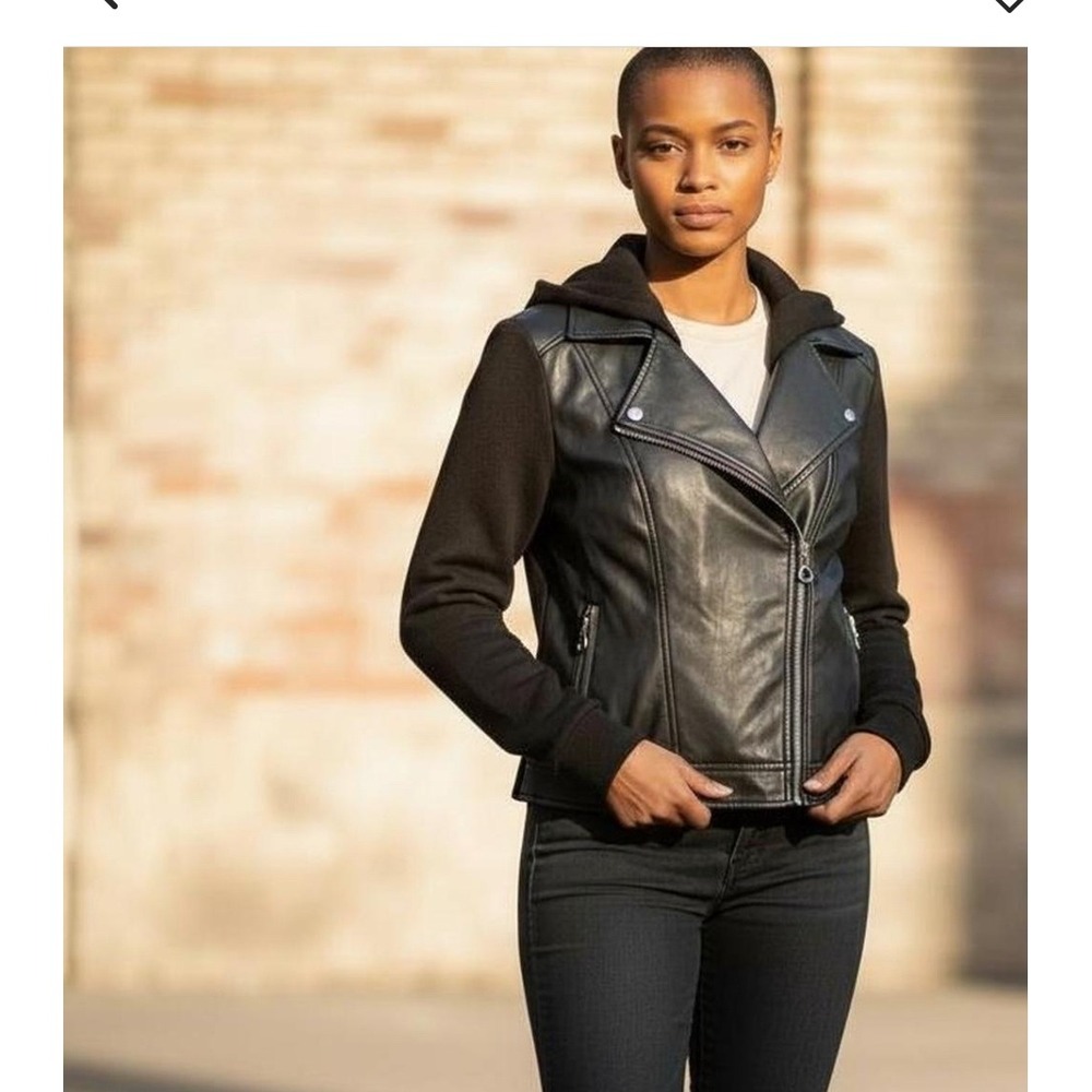 Joie Black Faux Leather Moto Hooded Jacket Womens‎ Size M edgy chic